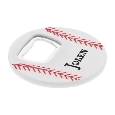 White plastic baseball bottle opener with stainless steel opener insert with custom promotional imprint.