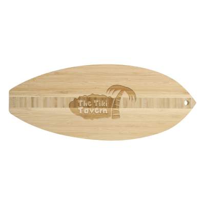 14-in. katoomba surfboard natural bamboo cutting board with laser engraved custom logo.