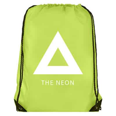Polyester neon green drawstring bag with customized logo and reinforced corners.