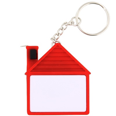 Metal and plastic red house tape measure keychain blank.