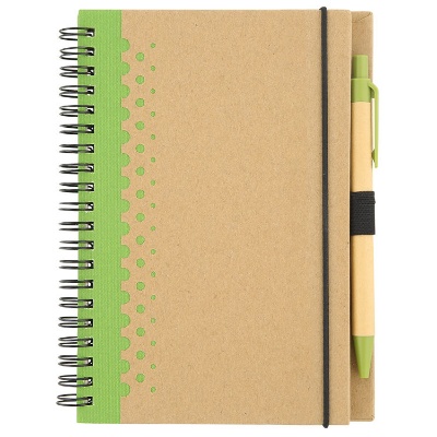 Green cardboard mini notebook with pen.