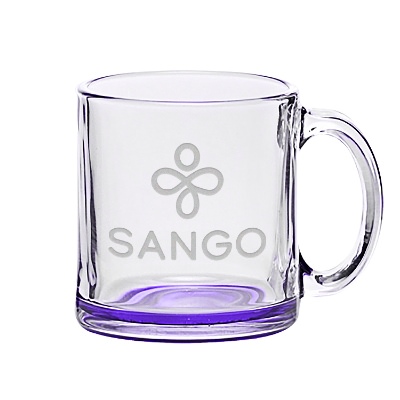 Purple coffee mug with engraved logo.