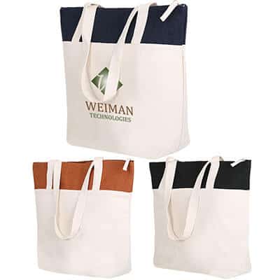 Cotton and jute black rustic market tote with personalized full color logo.