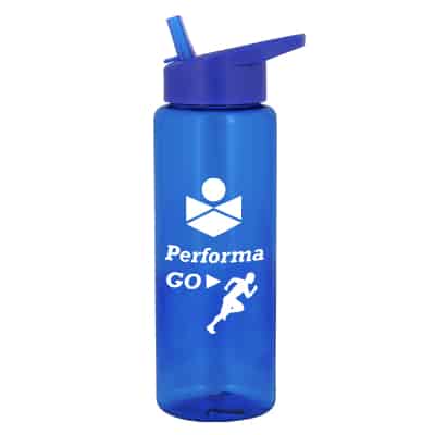 Plastic blue water bottle with flip top lid and custom promtions in 32 ounces.
