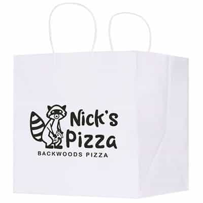 Kraft paper white 12 inch wide takeout bag with printed logo.