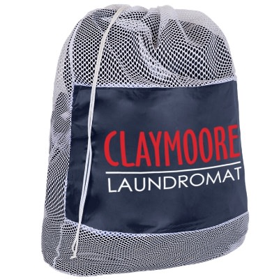 Polyester and nylon navy mesh cinch laundry bag with full color imprint.