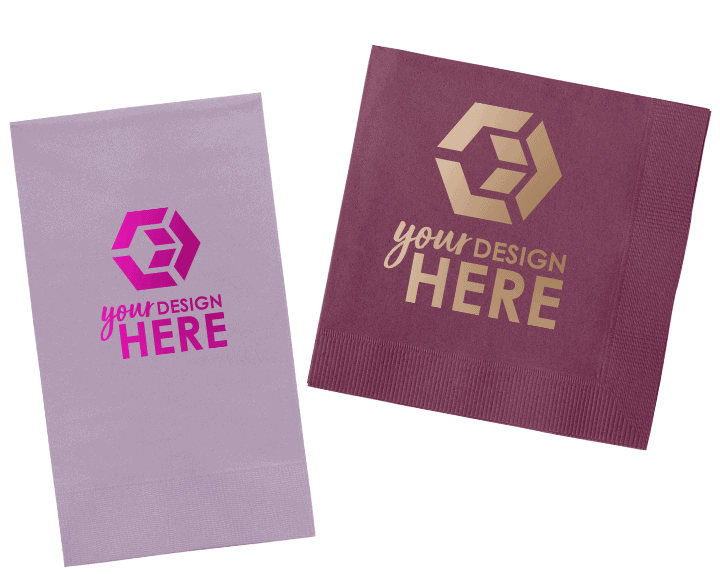 Purple custom napkins with logo and burgundy branded napkins with a foil stamp gold imprint