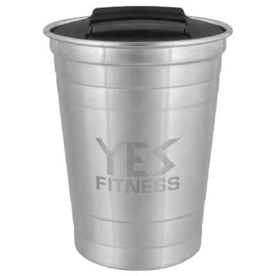 Stainless steel silver tumbler with custom engraved imprint in 16 ounces.