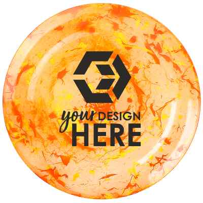 Plastic red and blue splatter design flying disc with printed logo.