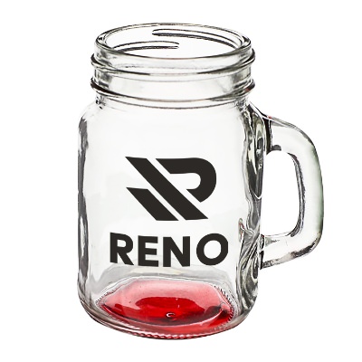 Red mason jar with custom logo.