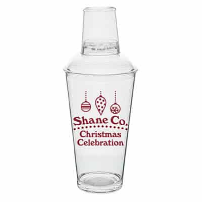 Acrylic clear cocktail shaker with custom logo in 16 ounces.