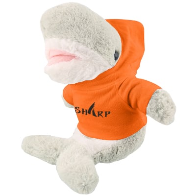 Plush and cotton shark with orange hoodie with branded logo.