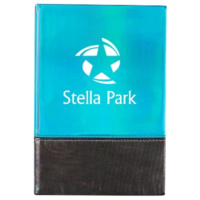 Blue pearlescent gemstone journal with custom design.