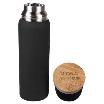 Stainless black thermos with engraved logo.
