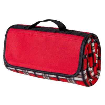 Plaid polyester water-resistant picnic blanket with a velcro closure, a flap with a front pocket.