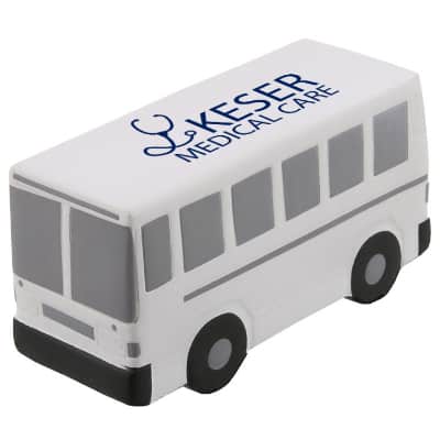 Foam shuttle bus stress reliever branded with imprint.