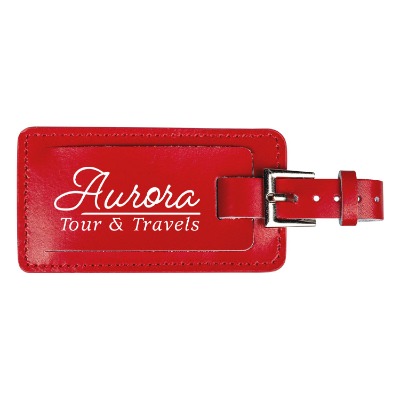 Red luggage tag with custom imprint.