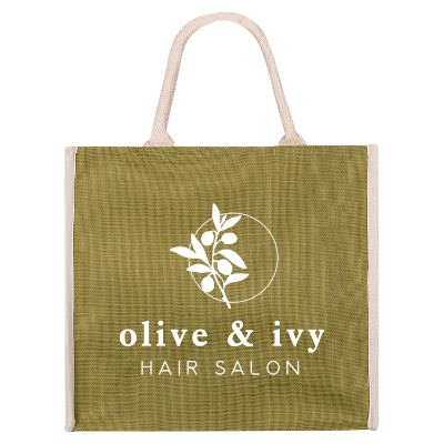 Jute navy super tote with promotional logo.