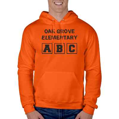 Safety orange hooded sweatshirt with logo.