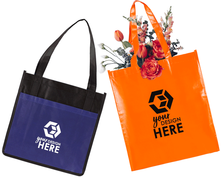 Purple and black custom laminated bags with white imprint and orange laminated tote bags with black imprint