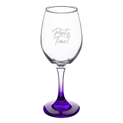 Purple wine glass with engraved logo.