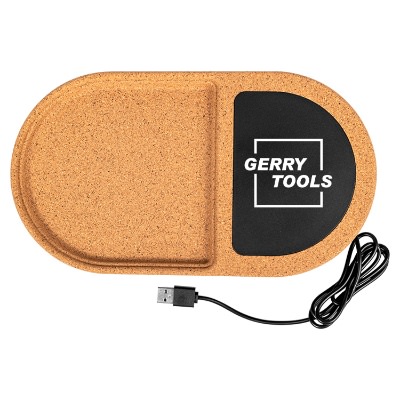 Black cork charging pad with a personalized logo.
