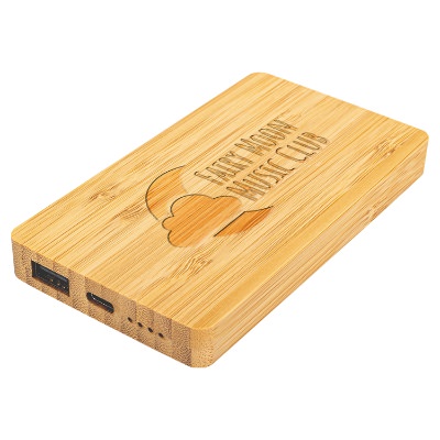Bamboo power bank with an engraved branded imprint.