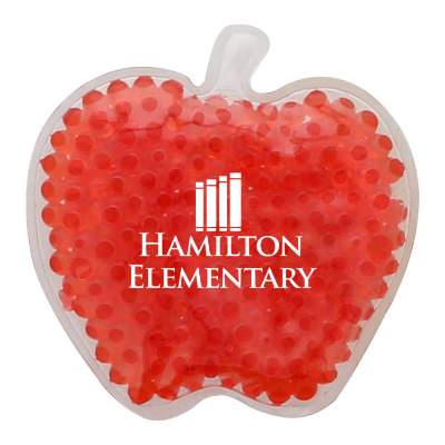 Plastic red hot and cold pack with a personalized logo.