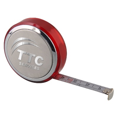 PS plastic silver with red trim round mini tape measure with engraved.