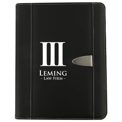 Black leather padfolio with personal logo.