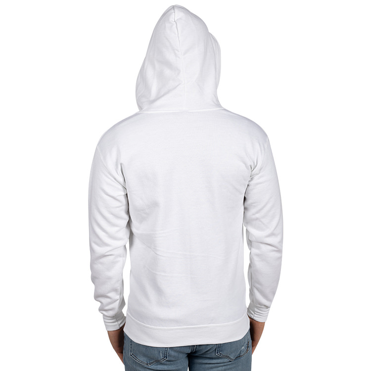 White custom zip up hooded sweatshirt.