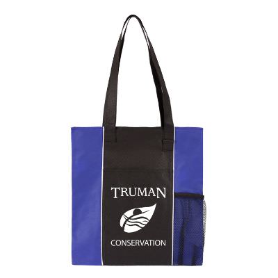 Laminated polypropylene black literature tote with personalized logo.