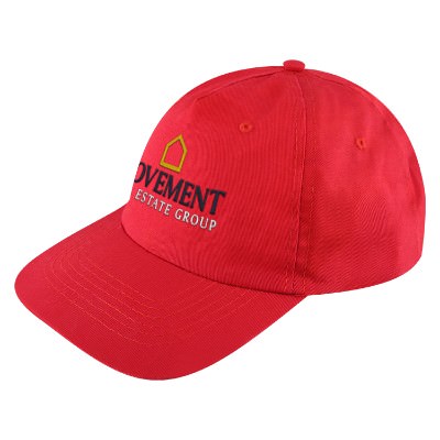 Red custom twill embroidered cap.