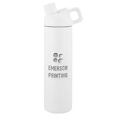 White stainless bottle with engraved logo.