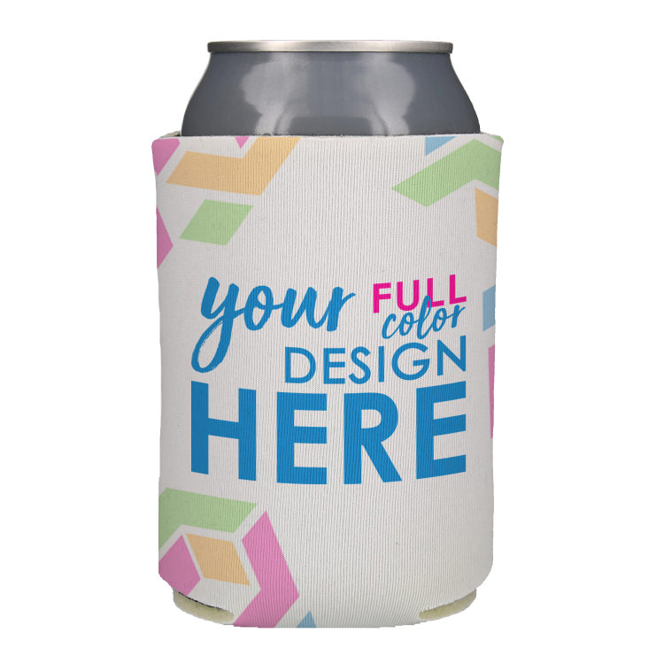 Foam black can cooler with custom all over design.