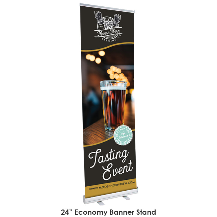 Polyester 4 foot demo height table cover and 24 inch banner stand trade show package.