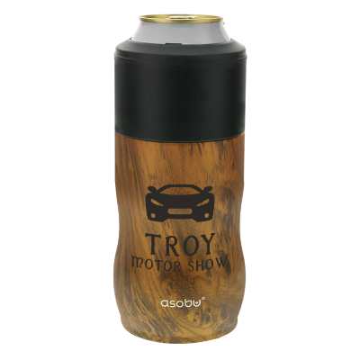 Stainless wood tone can cooler with custom imprint.