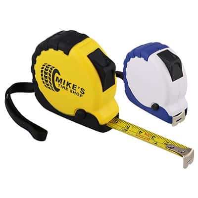 Metal and plastic yellow with black 16 foot locking tape measure with logo.
