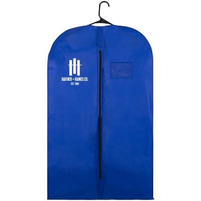 Polypropylene royal blue budget garment bag with imprinting.
