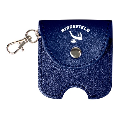 Leatherette navy blue pouch for hand sanitizer with a one-color imprint.