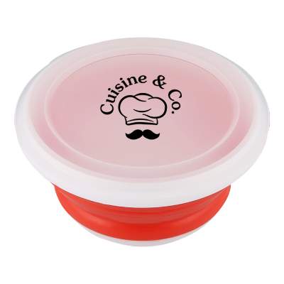 Red silicone collapsi-bowl with custom printed logo.