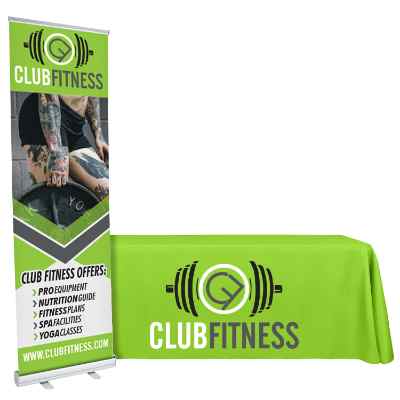 Custom polyester table cover and custom imprint 24 inch banner stand trade show package.
