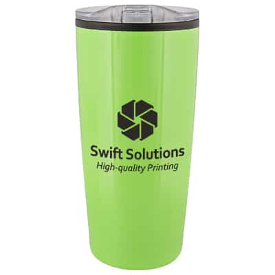 Stainless steel lime green tumbler with custom logo in 20 ounces.