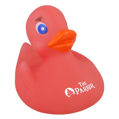 Plastic pink personalized rubber duck.