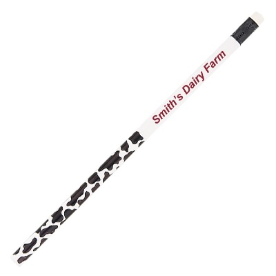 Cow spot patterned pencil with custom imprint.