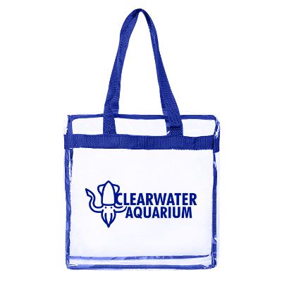 Plastic black crystal zippered tote with personalized logo.