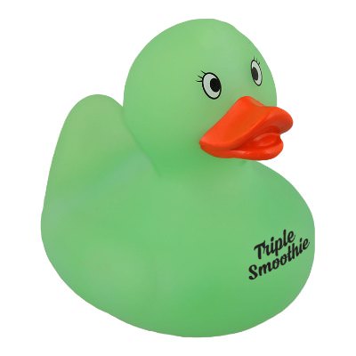 Plastic green personalized rubber duck.