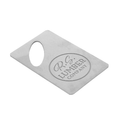 Silver stainless steel bottle opener with oval opening with laser engraved logo.