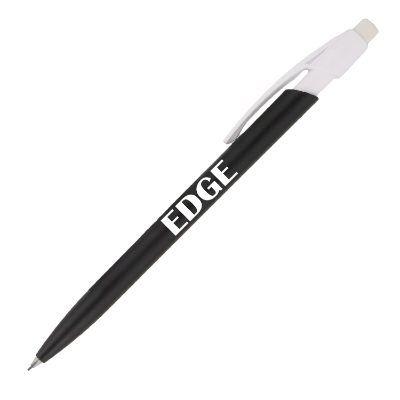 Black mechanical pencil with white accents and logo.