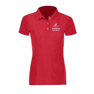 Heather red women's polo with custom full color imprint.